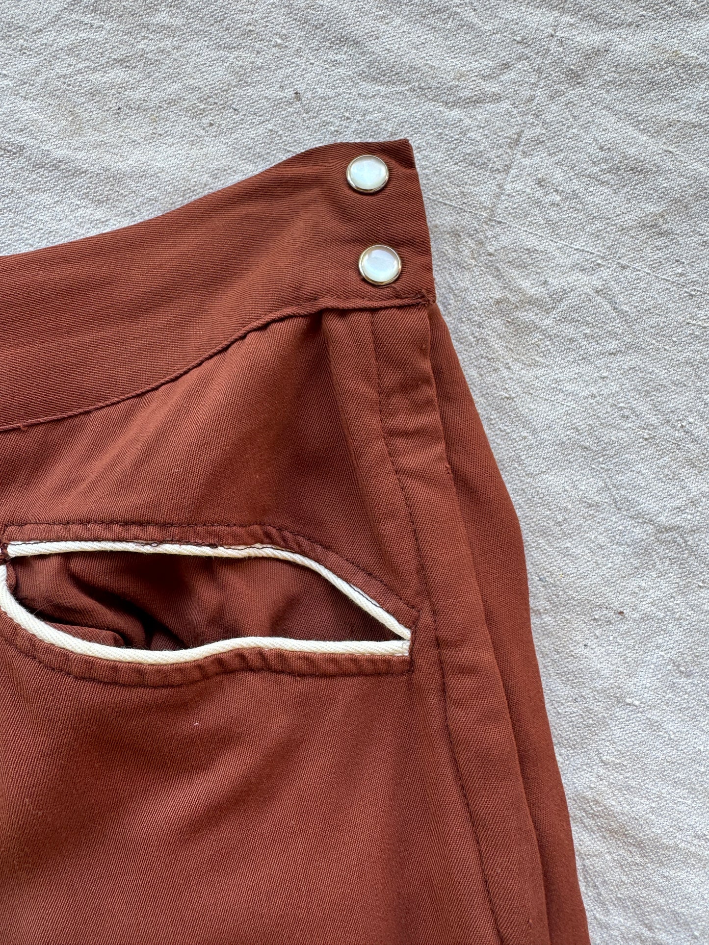1950s Brown Gabardine Western Fringe Split Skirt Pants- 28” Waist