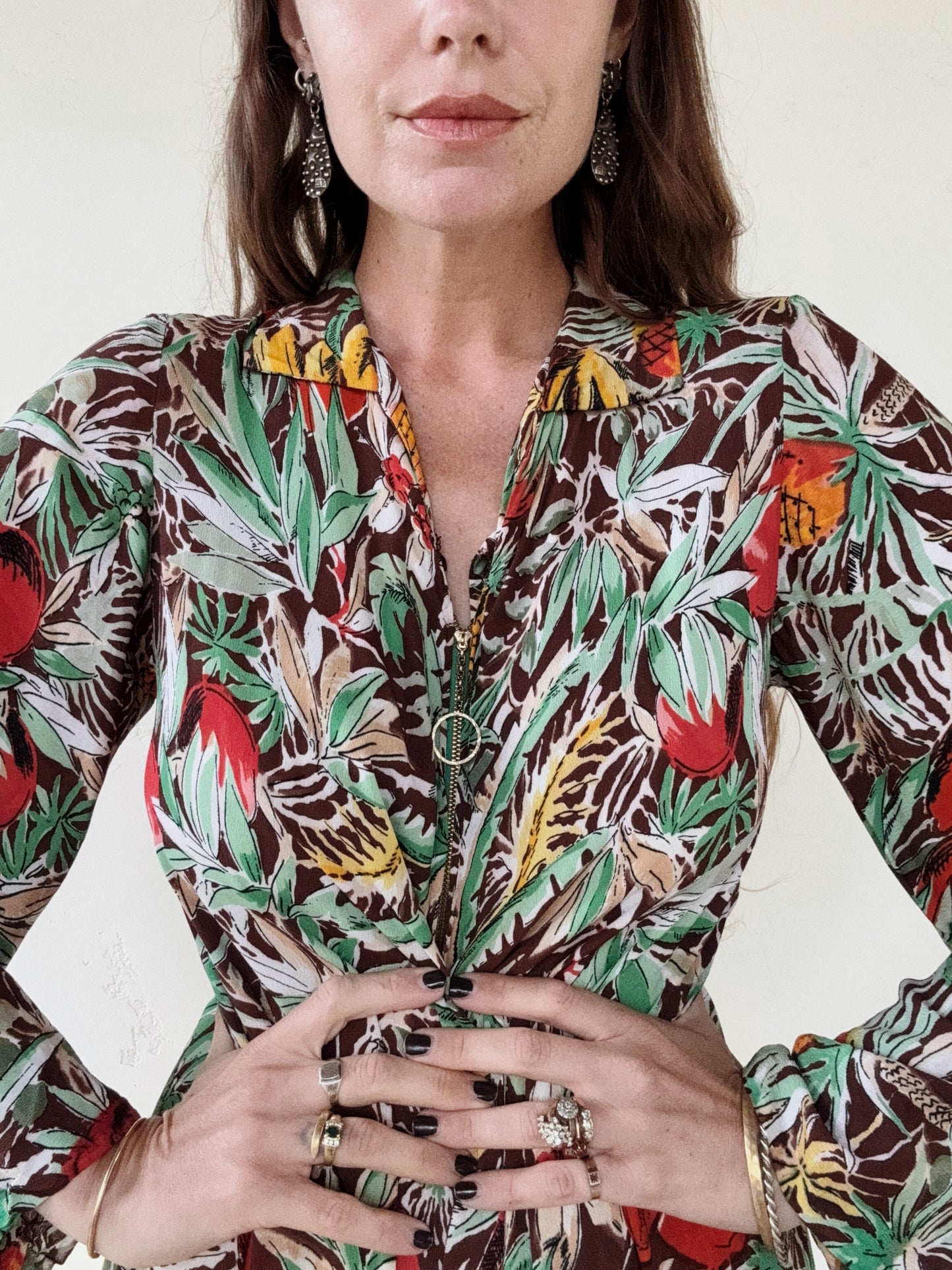 1940s Fruit Print Crepe Kaftan Dress- S/M