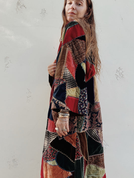 1930s/40s Velvet Crazy Quilt Patched Duster Coat
