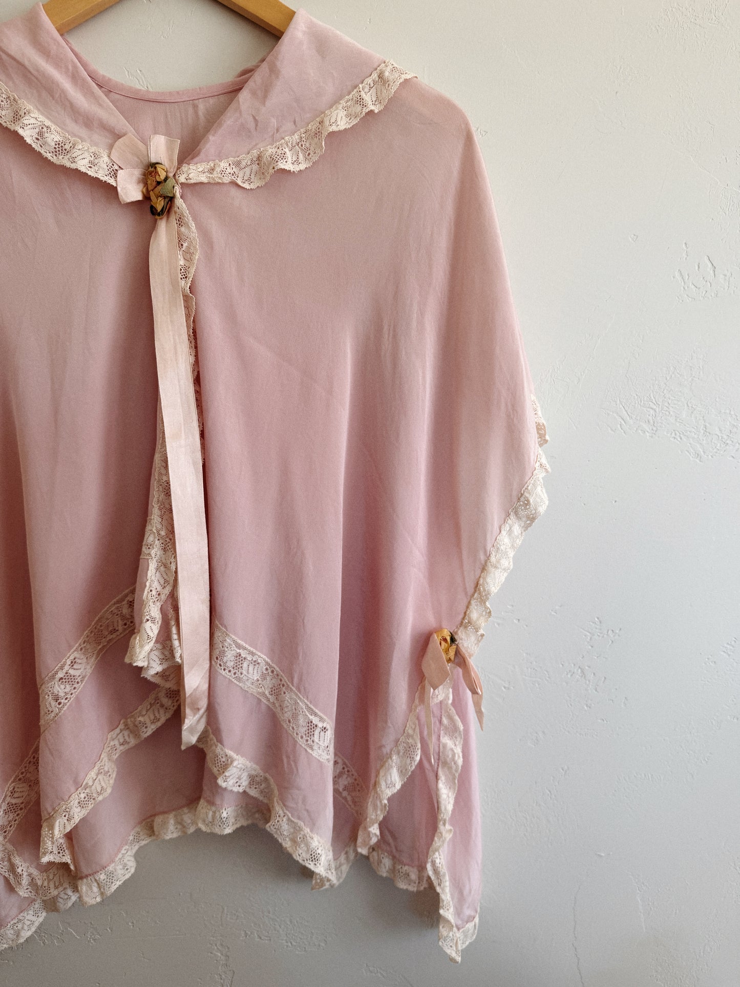 Edwardian Pink Silk + Lace Tabard Bed Jacket- S-L