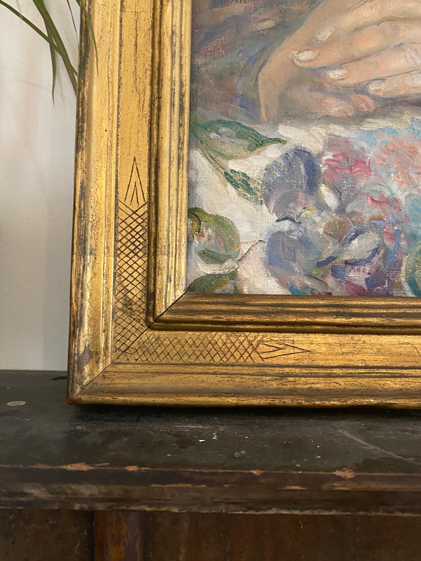 1930s Large Sage + Violet Portrait of a Woman in Gilt Frame- 29 x 37”