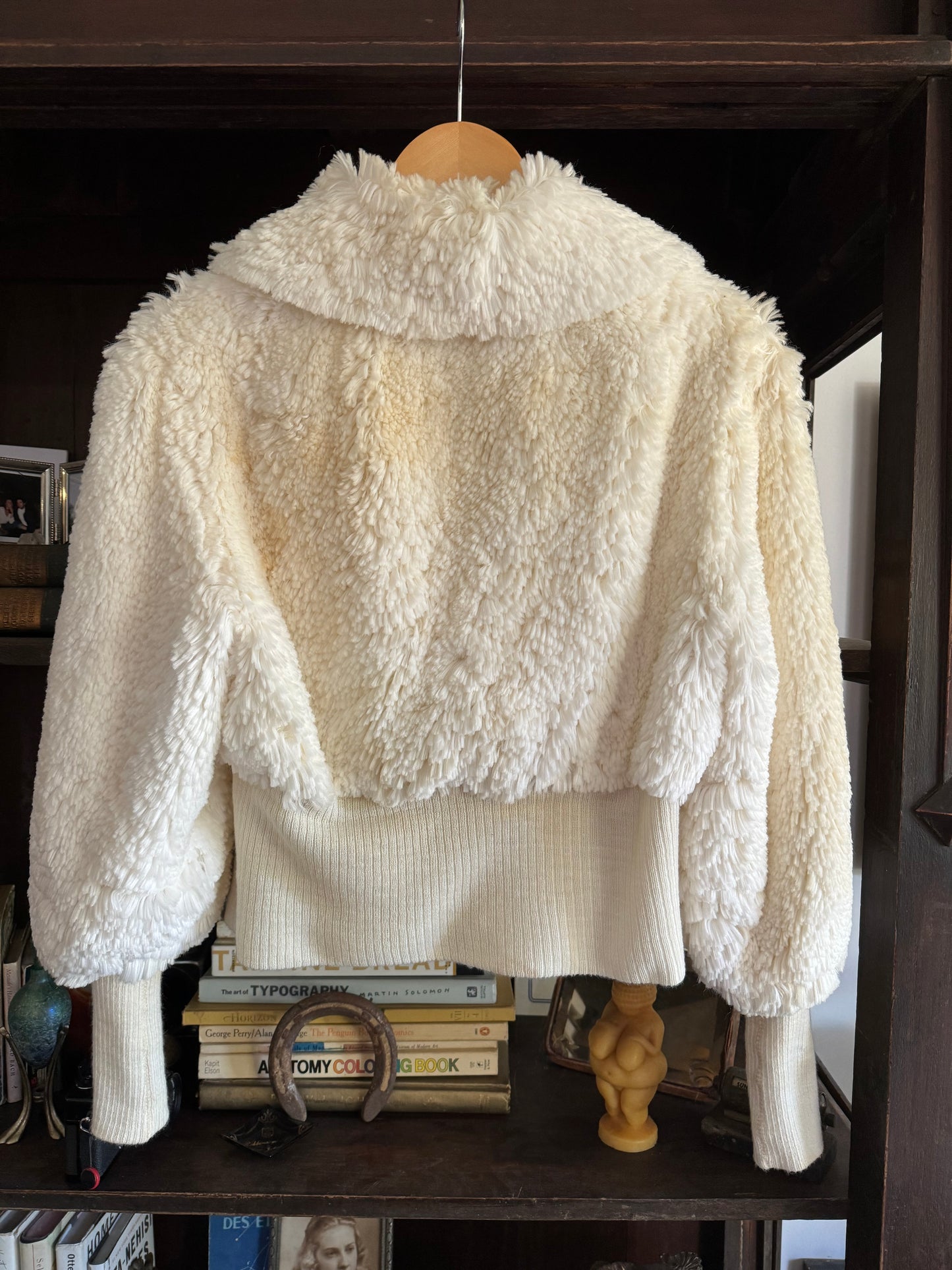 1970s White Cropped Faux Fur Jacket w/ Mutton Sleeves- M/L