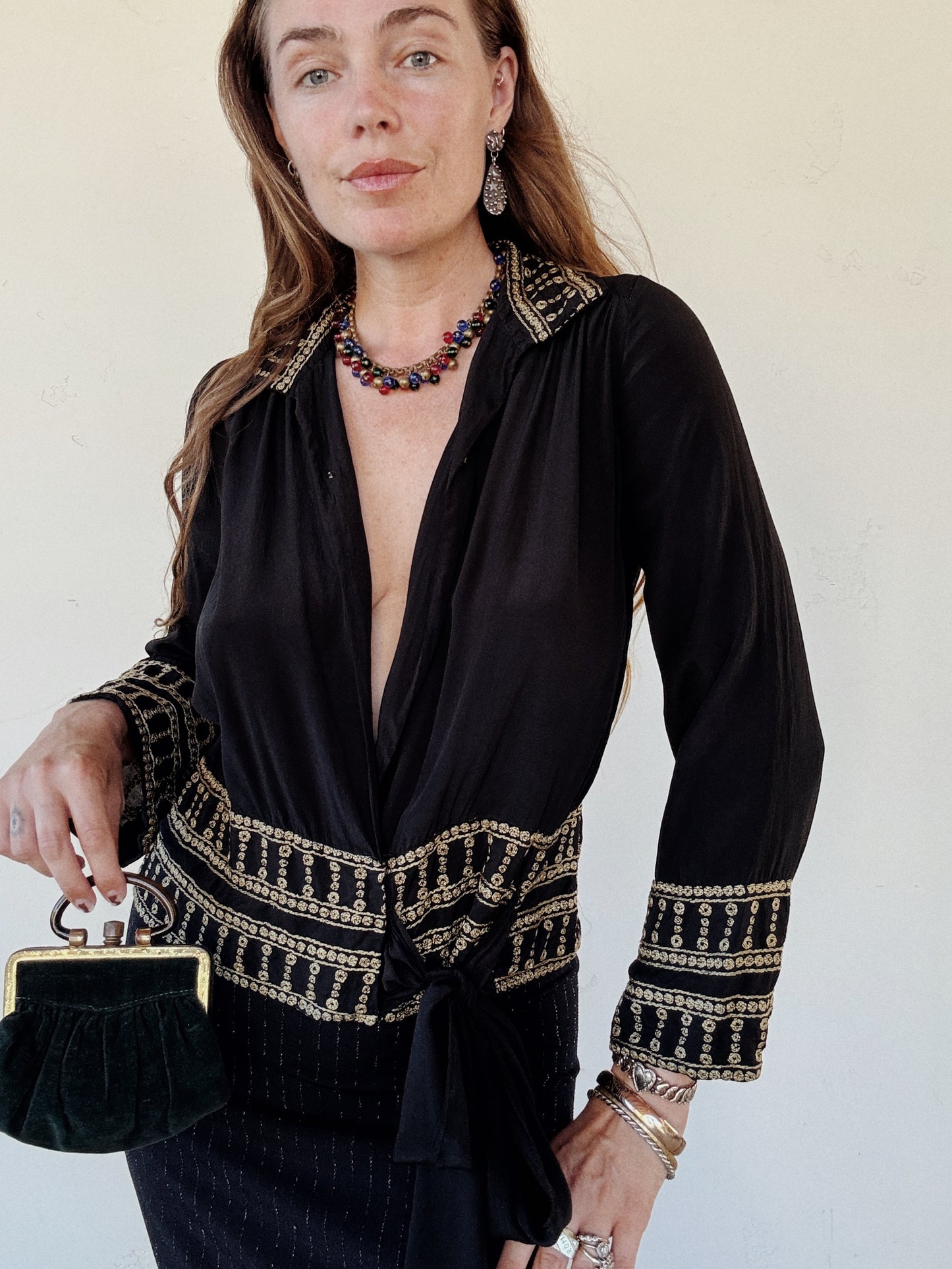1920s/30s Grecian Black Silk Crepe Blouse w/ Gold Embroidery- S/M