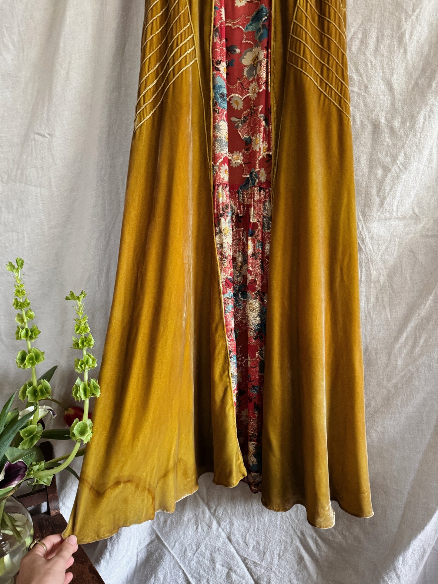 1930s Medieval Golden Velvet + Red Floral Lamé Gown- S/M