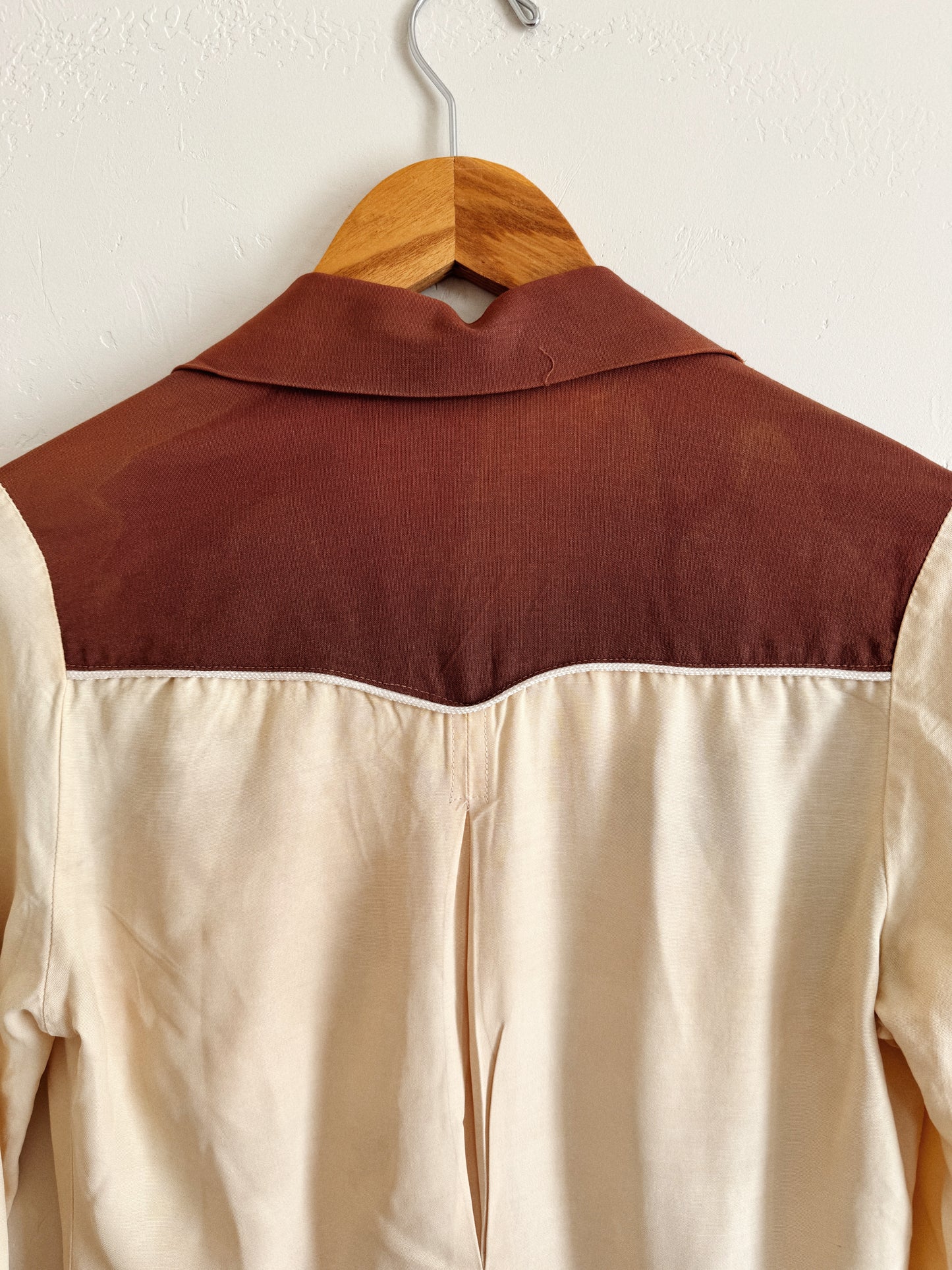 1940s Western Creme + Brown Chain Stitched Blouse- S-S/M