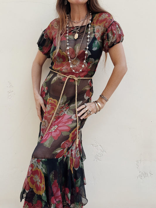 1930s Black Floral Chiffon Full Length Gown- S/M