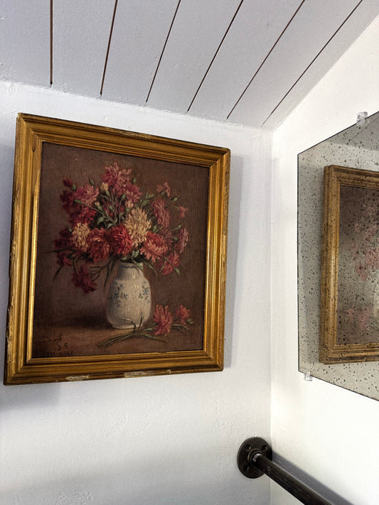 1920s Floral Still Life in Gilt Frame Oil on Wood- 18 x 16”