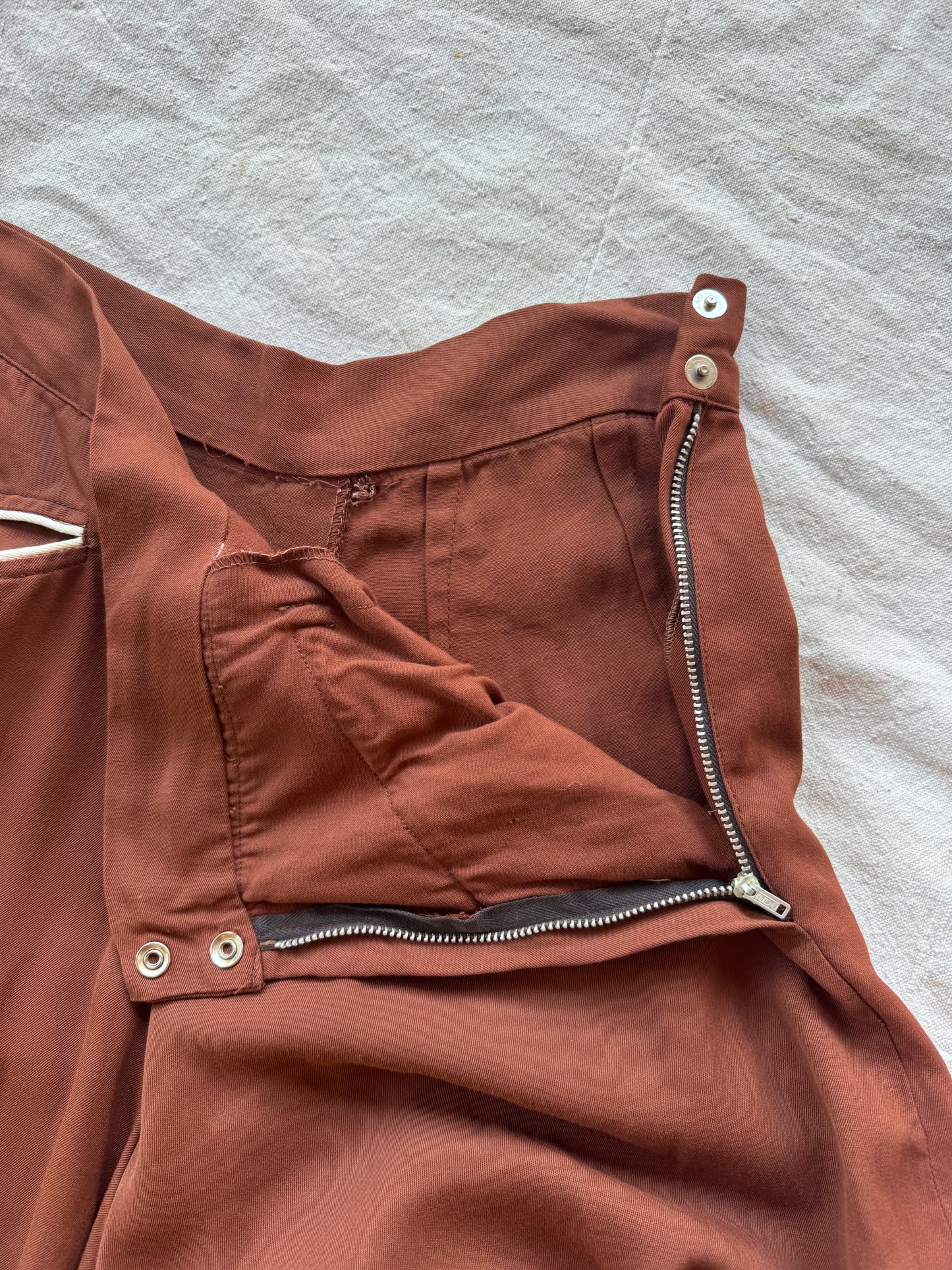 1950s Brown Gabardine Western Fringe Split Skirt Pants- 28” Waist