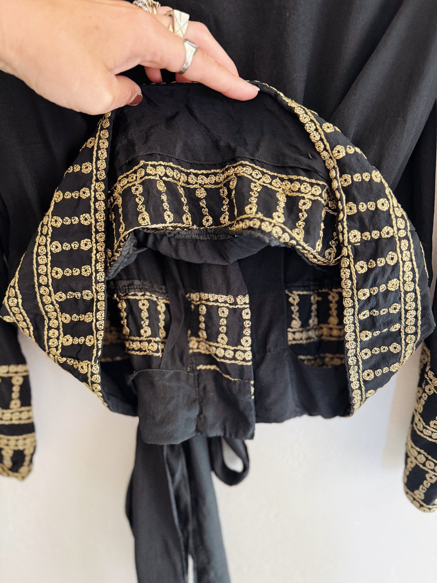1920s/30s Grecian Black Silk Crepe Blouse w/ Gold Embroidery- S/M