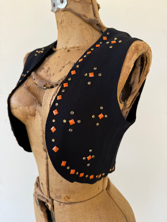 1930s Black Rayon Crepe Vest w/ Orange Studs + Rhinestones- XS/S