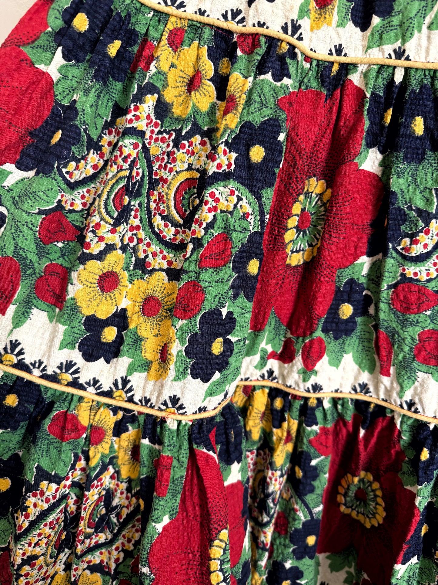 1940s Red + Navy Floral Seersucker Maxi Skirt- S/M