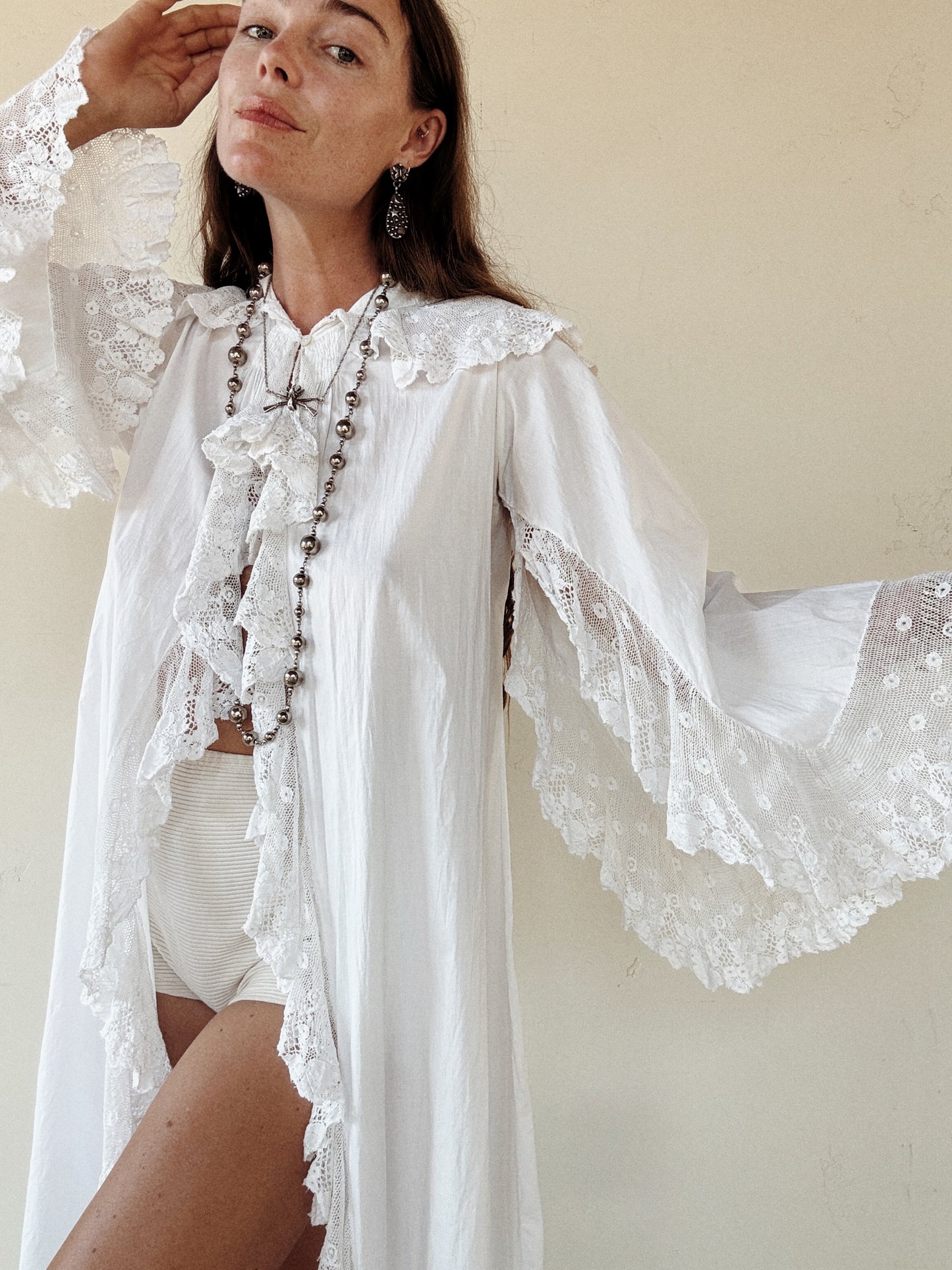 Edwardian White Angel Sleeve Boudoir Robe w/ Handmade Lace- S-S/M