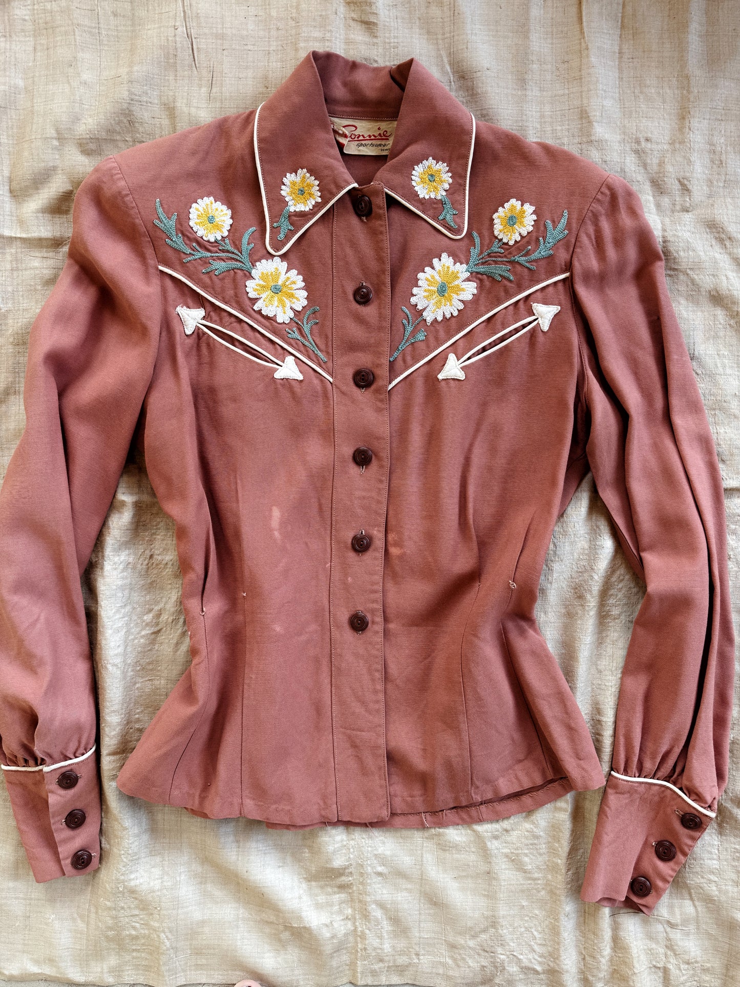 1940s/50s Clay Gabardine Chain Stitched Western Top- S-S/M
