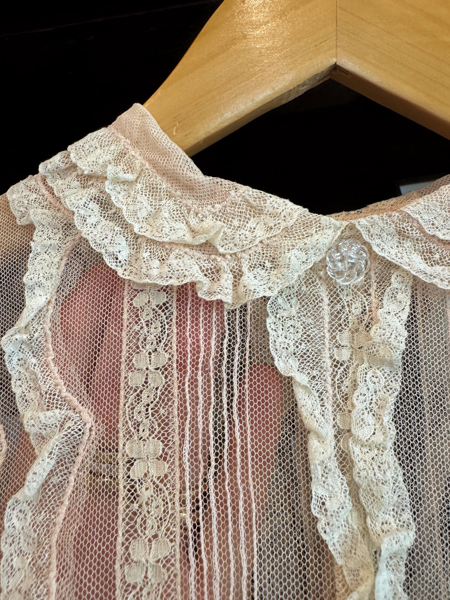 1930s/40s Blossom Pink Net + Lace Babydoll Blouse- S/M
