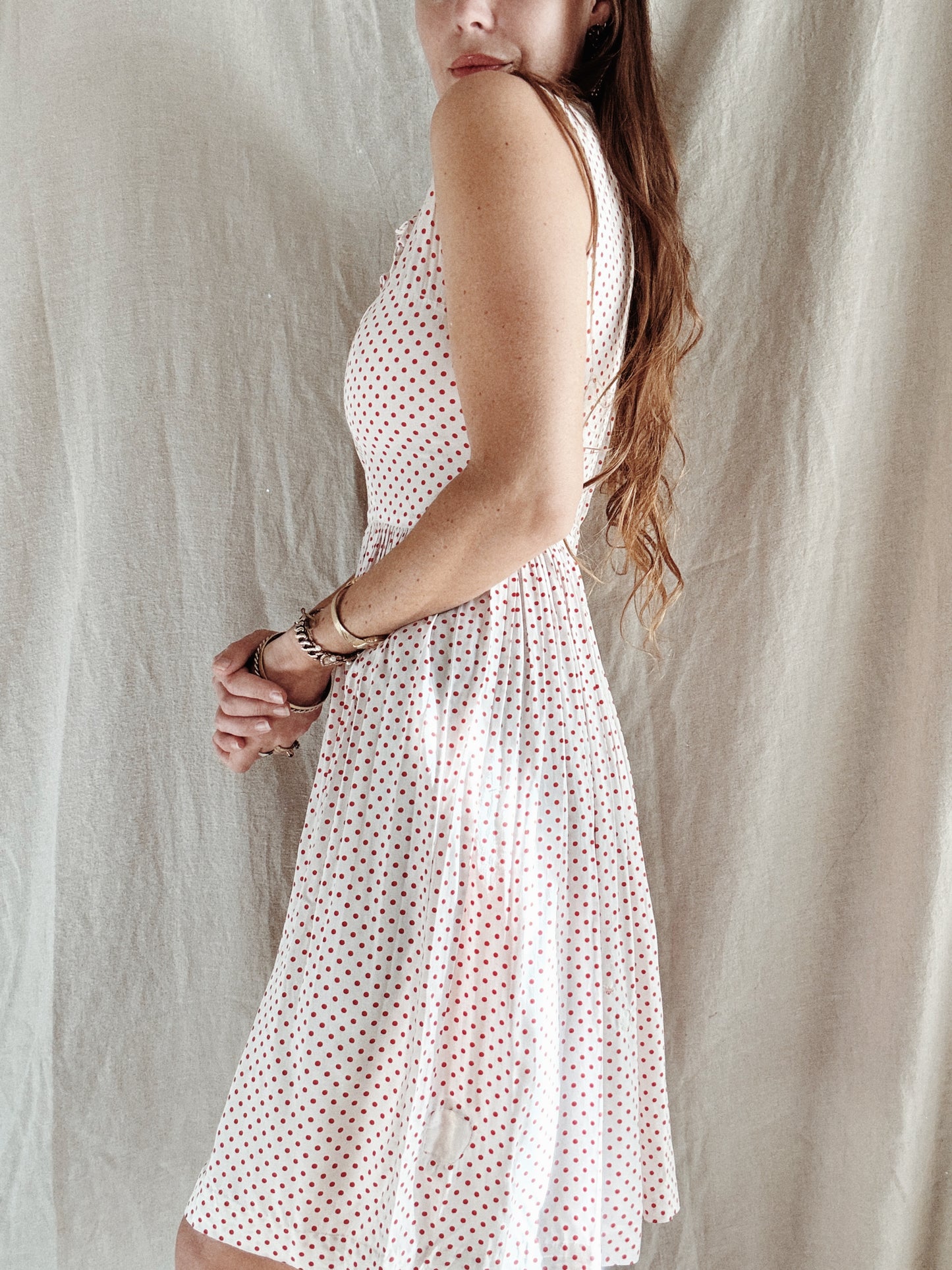 1940s/50s Cold Rayon White + Red Polka Dot Day Dress- S