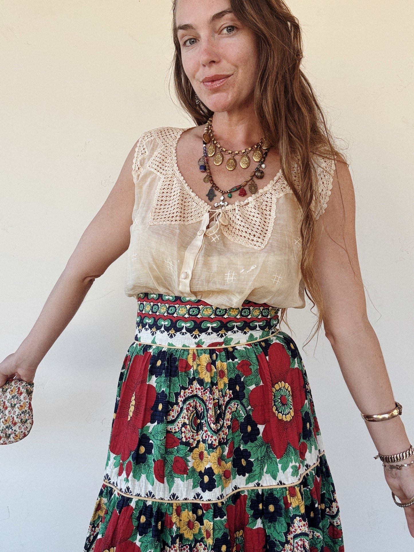 1940s Red + Navy Floral Seersucker Maxi Skirt- S/M