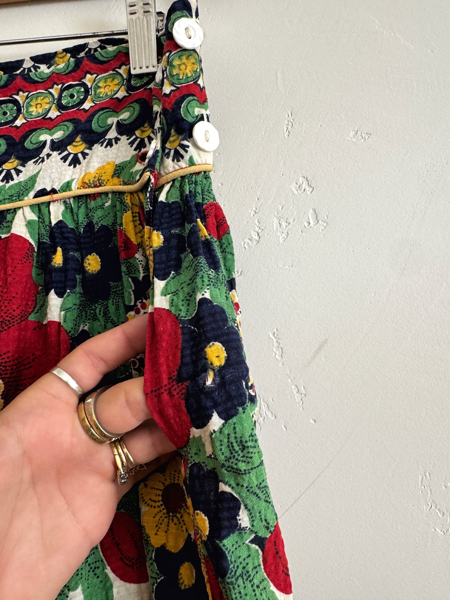 1940s Red + Navy Floral Seersucker Maxi Skirt- S/M
