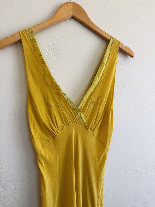 1930s/40s Marigold Silk Embroidered Slip Dress- S