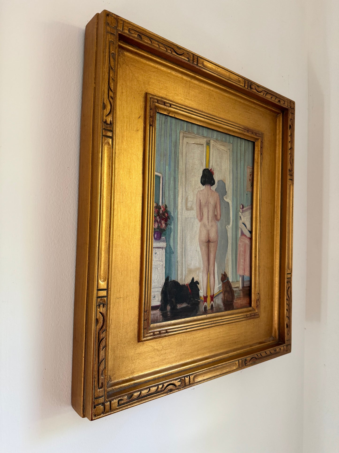 1920s Cheeky Nude w/ Scottie Dog + Kitten Oil Painting- 16 x 19”