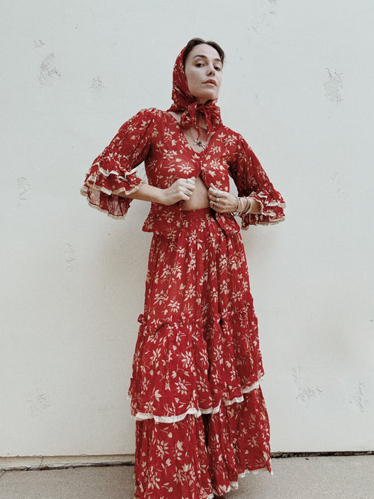 Antique Red Floral Bodice + Tiered Ruffle Skirt Ensemble- XS/S