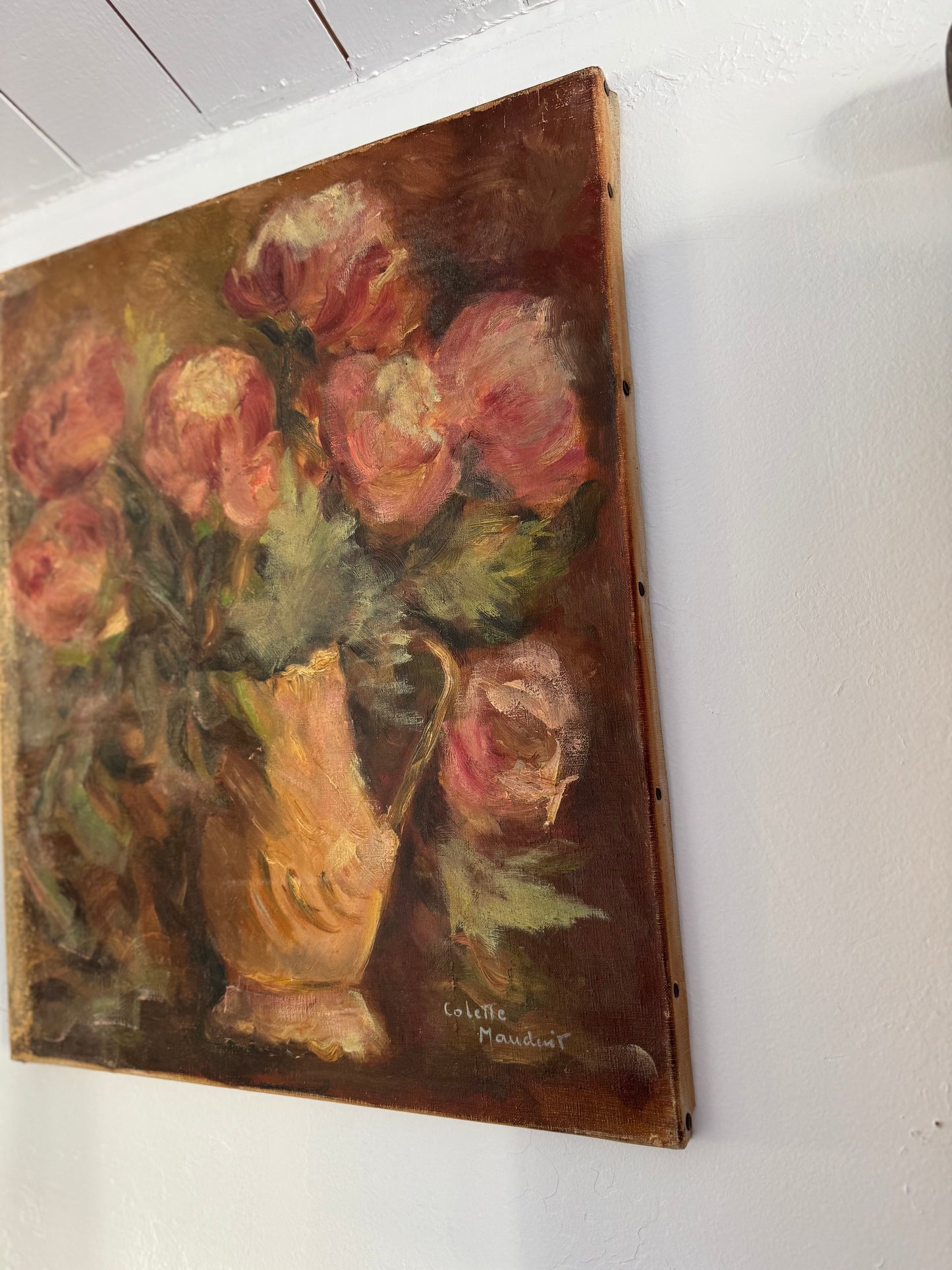 1930s/40s Peonies in Vase. Oil on Canvas- 15 x 18”