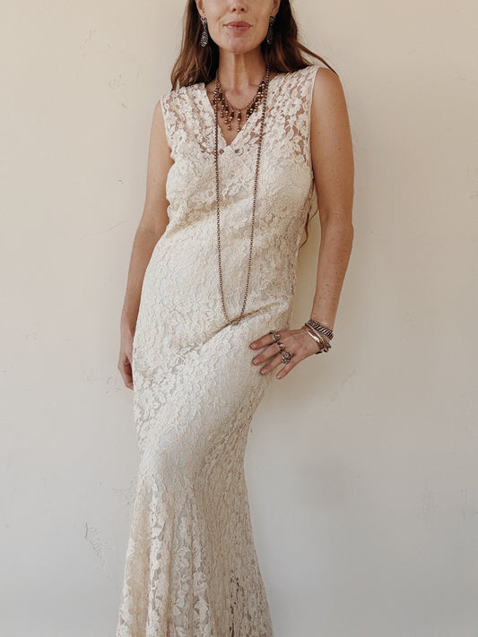 1930s Ivory Lace Gown w/ Rayon Under Slip- M