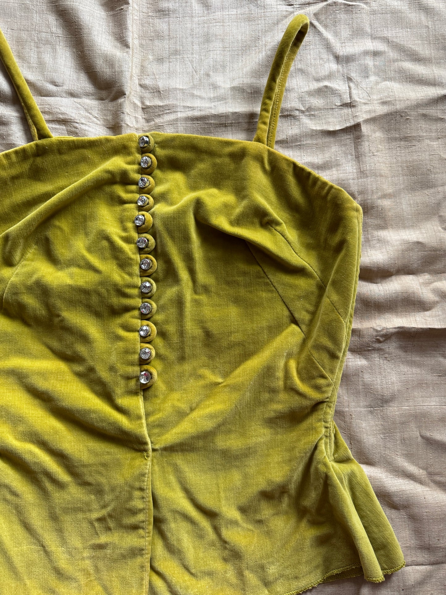 1950s Chartreuse Velveteen Rhinestone Bustier Top- XS/S