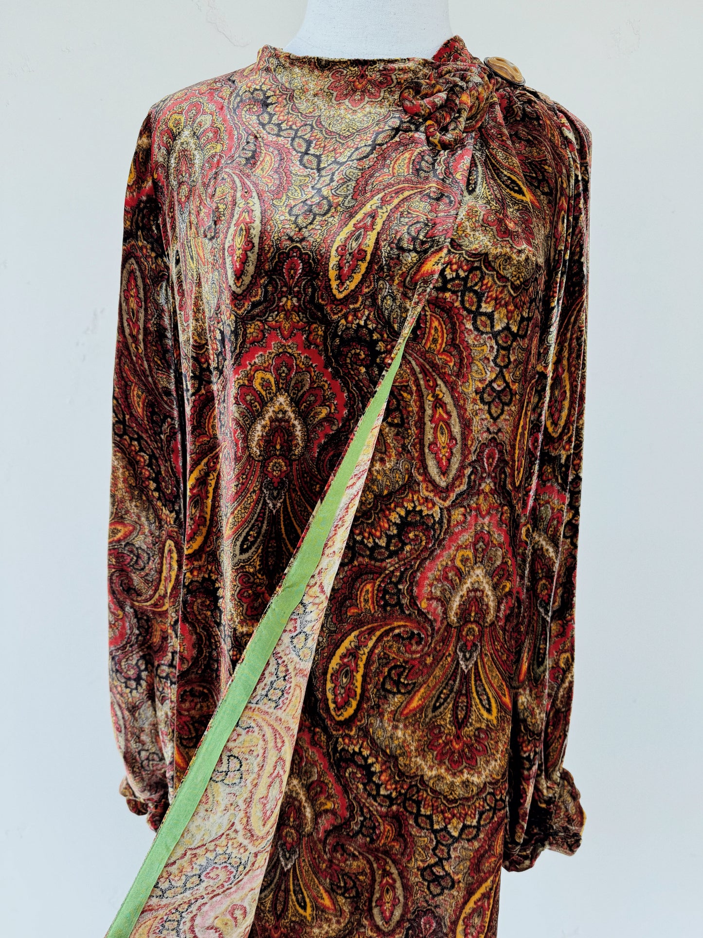 1930s Paisley Silk Velvet Jacket w/ Large Celluloid Button- S/M