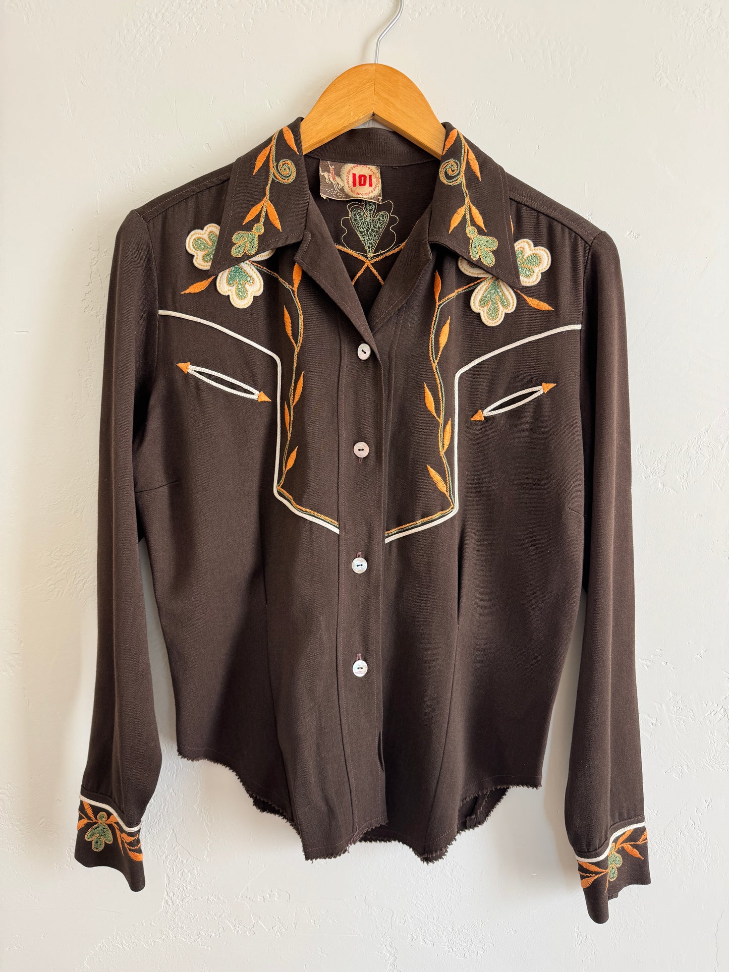 1940s/50s Chocolate Western Blouse w/ Orange + Mint Chain Stitching- M