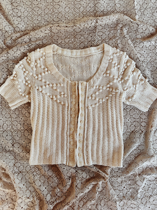 1930s/40s Cream Cropped Knit Top w/ Eyelet Closures + Bon Bons- S/M-M