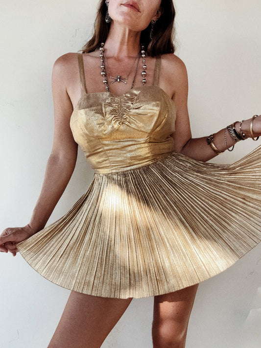 1950s Golden Lamé Bombshell Pleated Playsuit- S