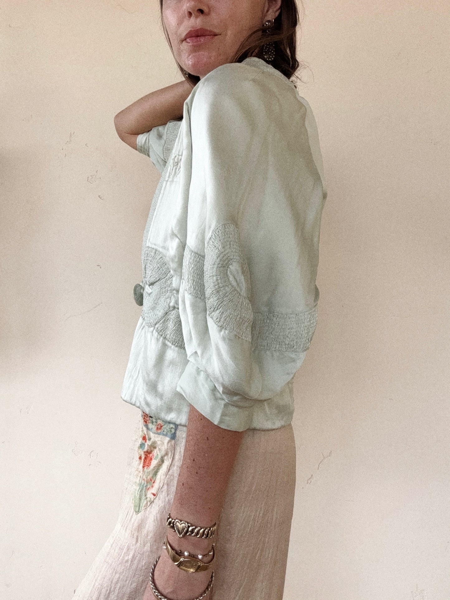 1920s Sea Foam Charmeuse Silk Jacket- S-M