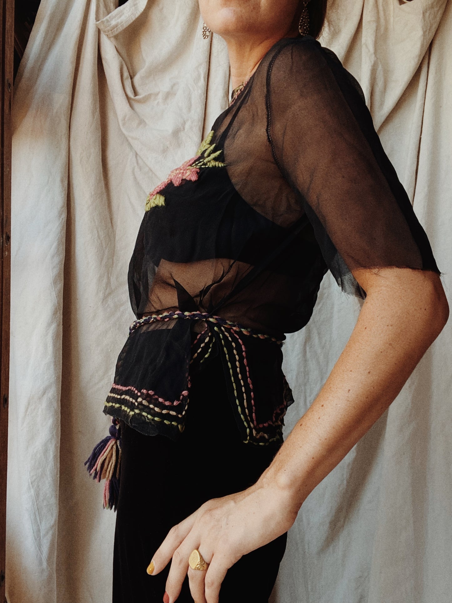 1920s Black Chiffon Top W/ Floral Embroidery- S/M