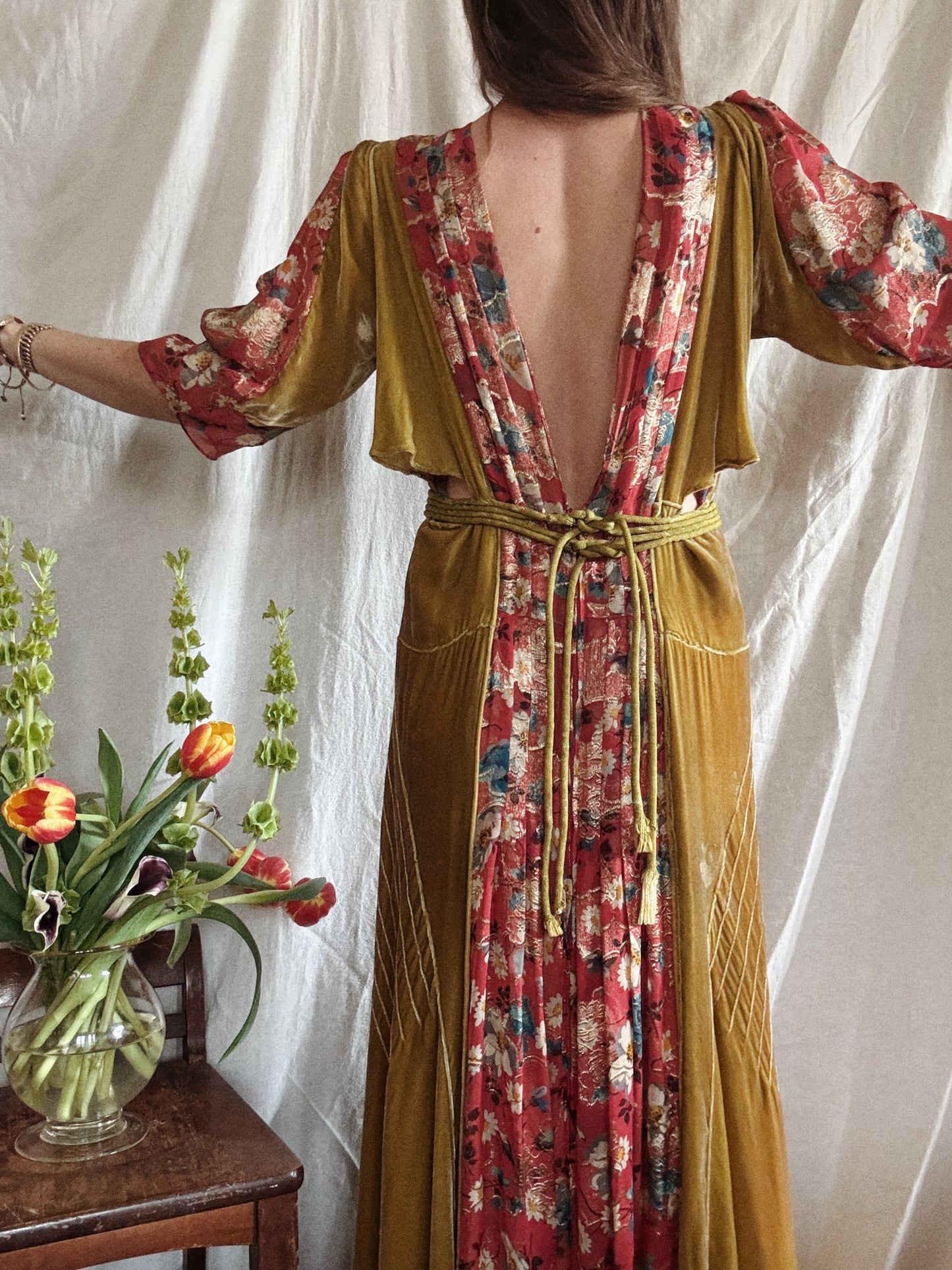 1930s Medieval Golden Velvet + Red Floral Lamé Gown- S/M