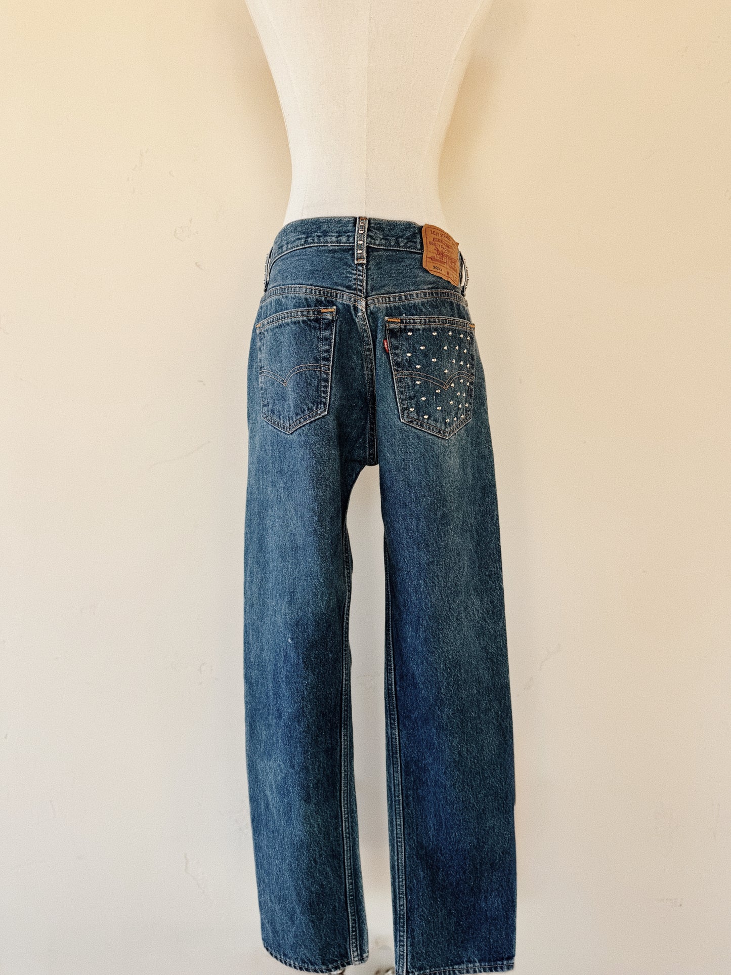 1990s Vintage Medium Wash Studded Levi’s 501s- 32” Waist