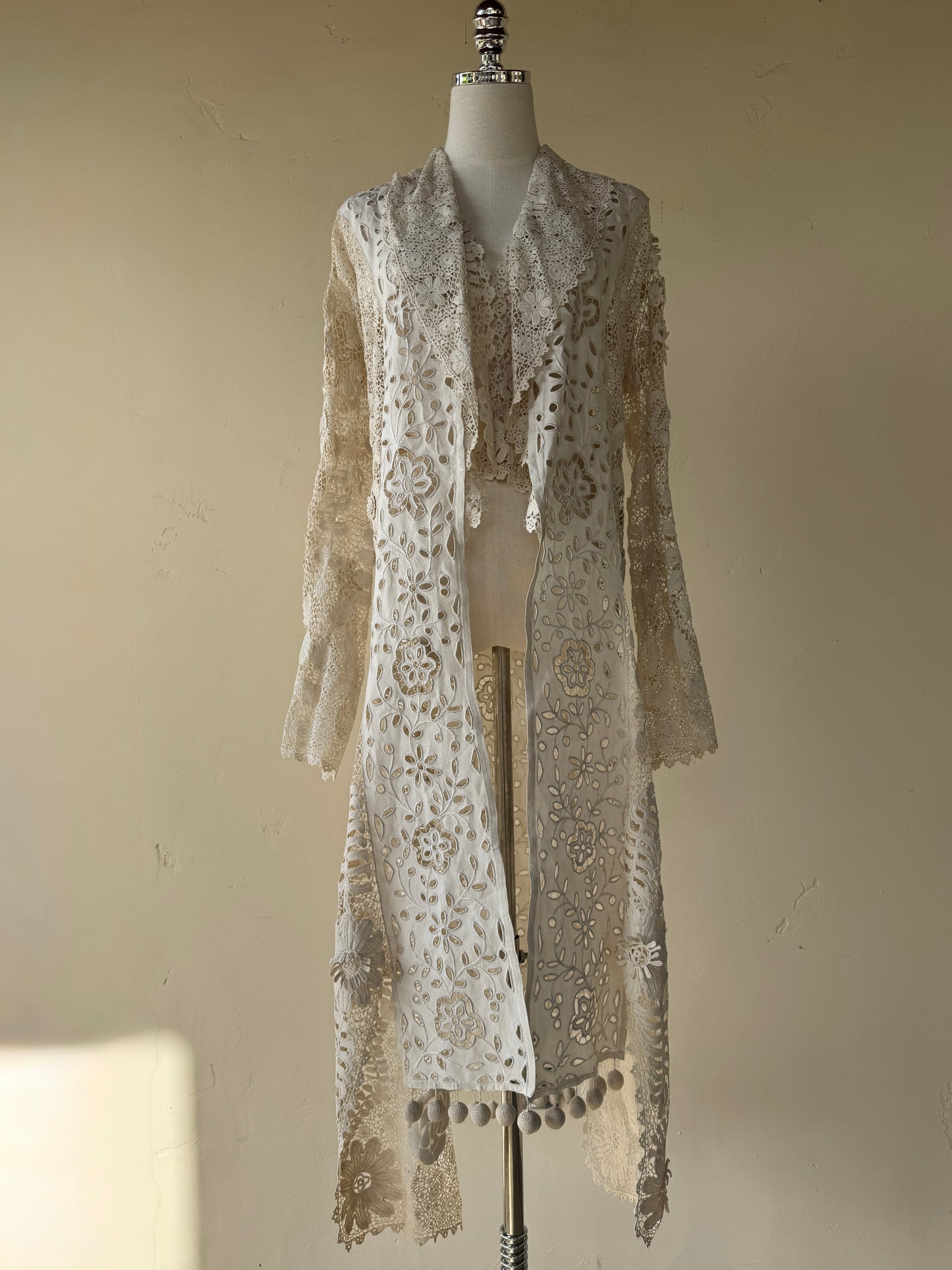 Rare Edwardian Irish Crochet Duster Coat w/ Pom Poms- M