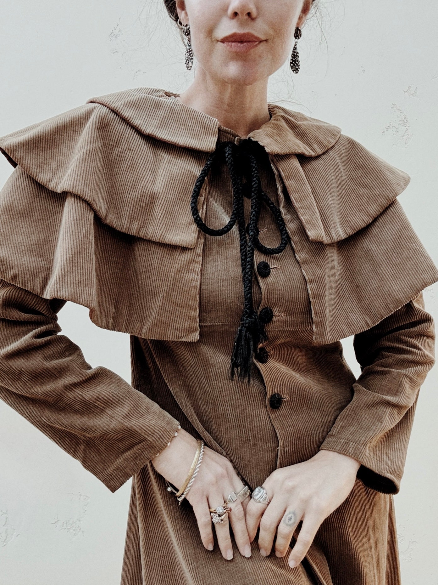 1960s Rare Laura Ashley Corduroy Dress w/ Caplet- S/M