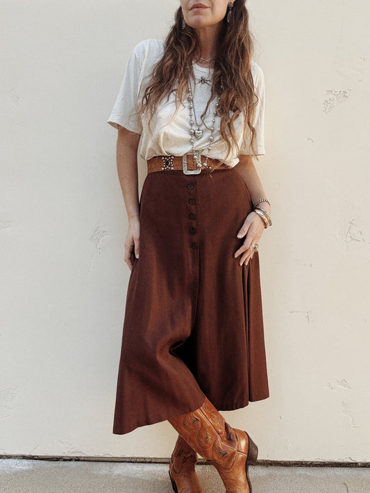 1940s Brown Rayon Gabardine Split Skirt Culotte Pants- S/M