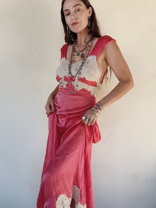 1930s Fuchsia Candy Pink Silk Slip Dress w/ Lace + Bow Appliqué- S/M