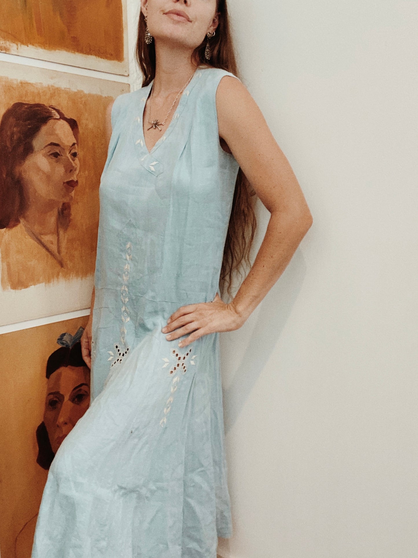 1920s Pale Blue Embroidered Linen Drop Waist Dress- M/L