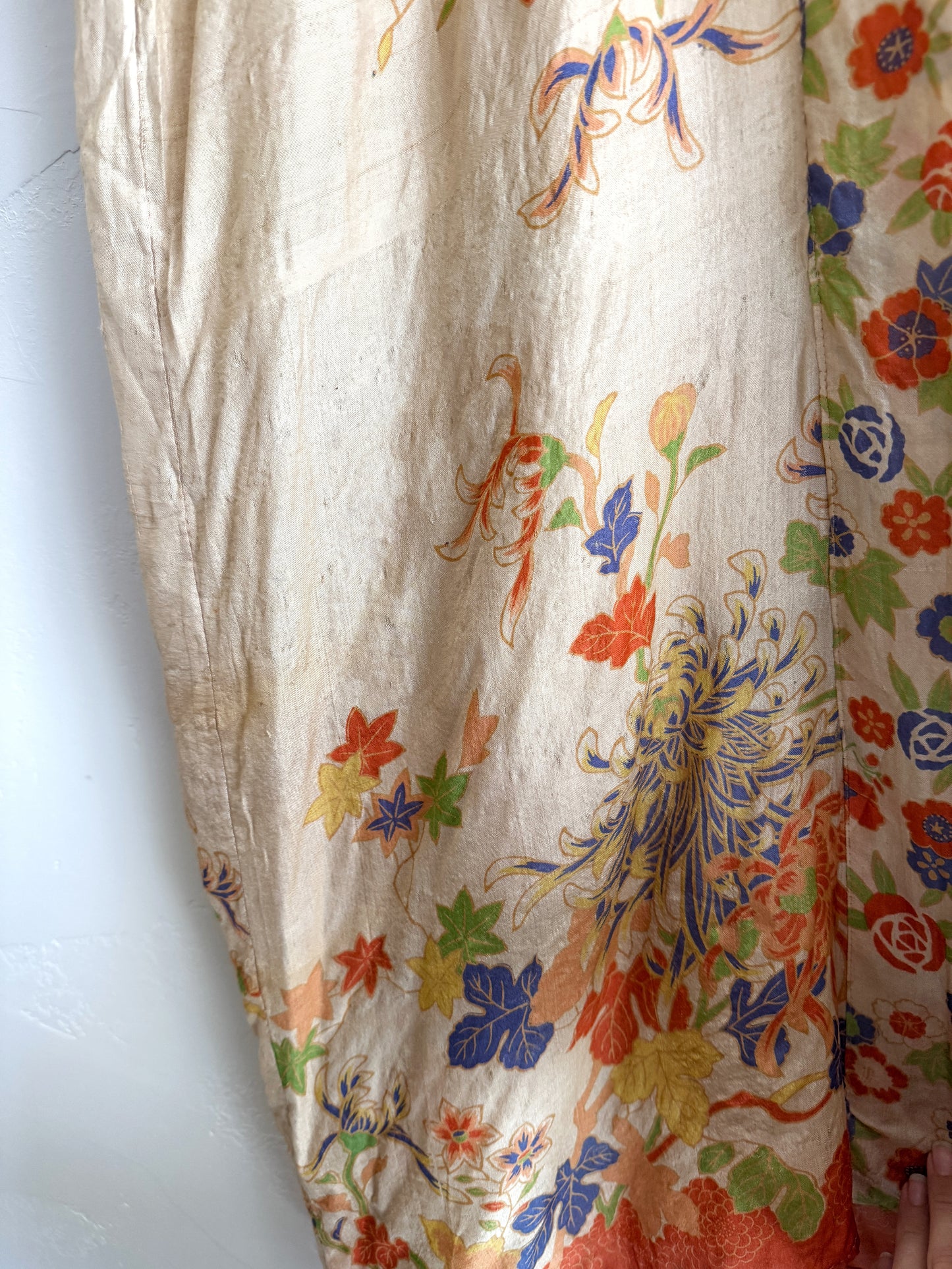 1920s Chartreuse Pongee Silk Duster w/ Chrysanthemum + Autumnal Leaves