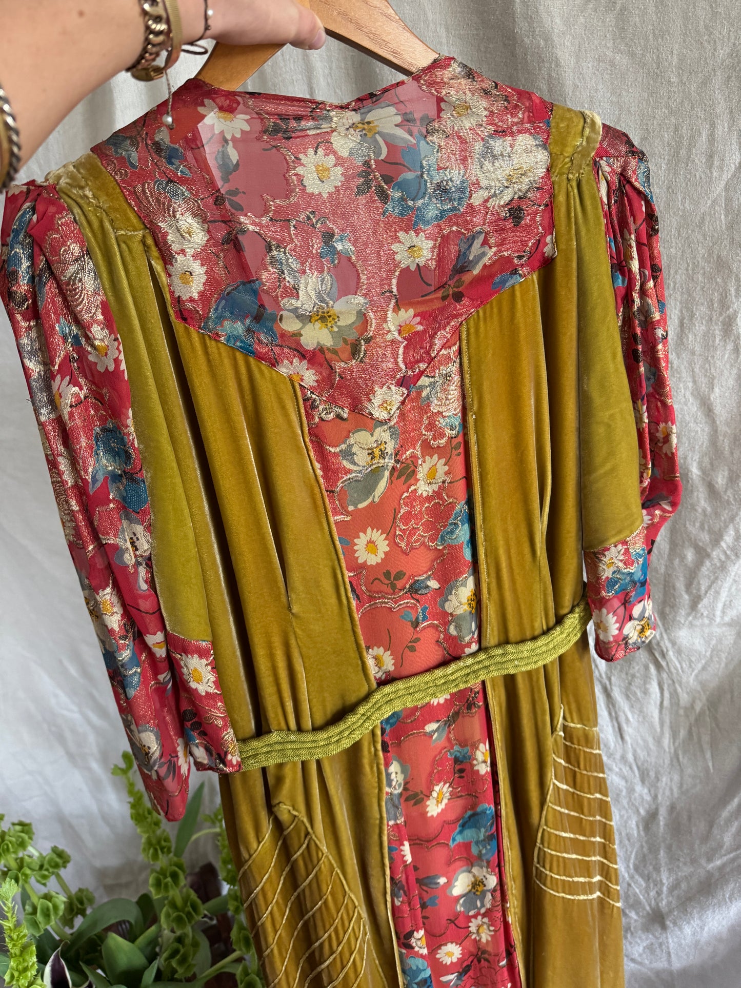1930s Medieval Golden Velvet + Red Floral Lamé Gown- S/M