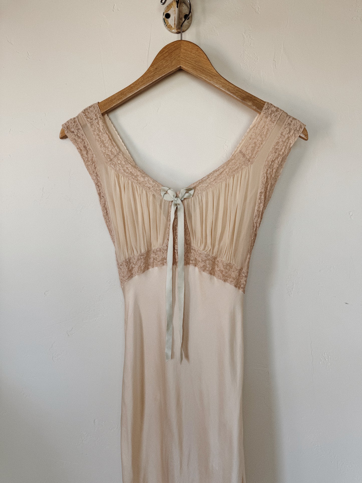 1930s Ivory Silk + Chiffon Slip Dress w/ Pale Blue Bow- XS-S