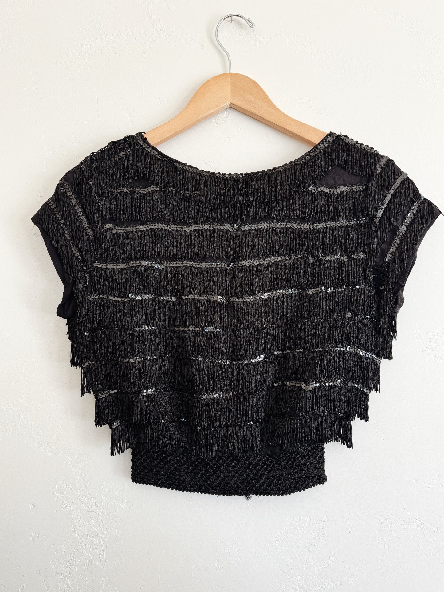 1930s Rare Zipper Front Fringe Cropped Top w/ Sequins- S/M