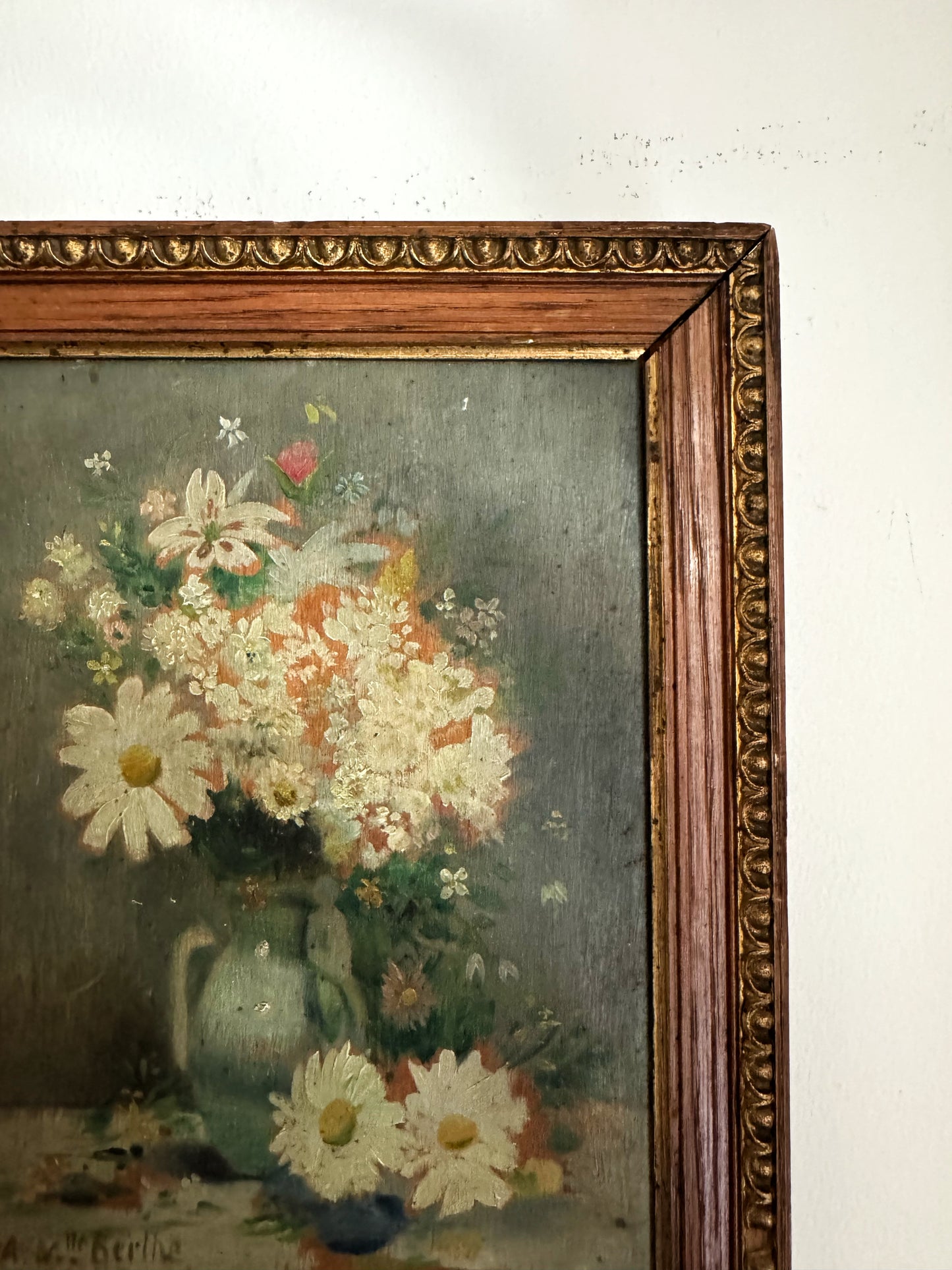 Antique French Spring Daisy Still Life. Oil on Wood- 10 x 8”