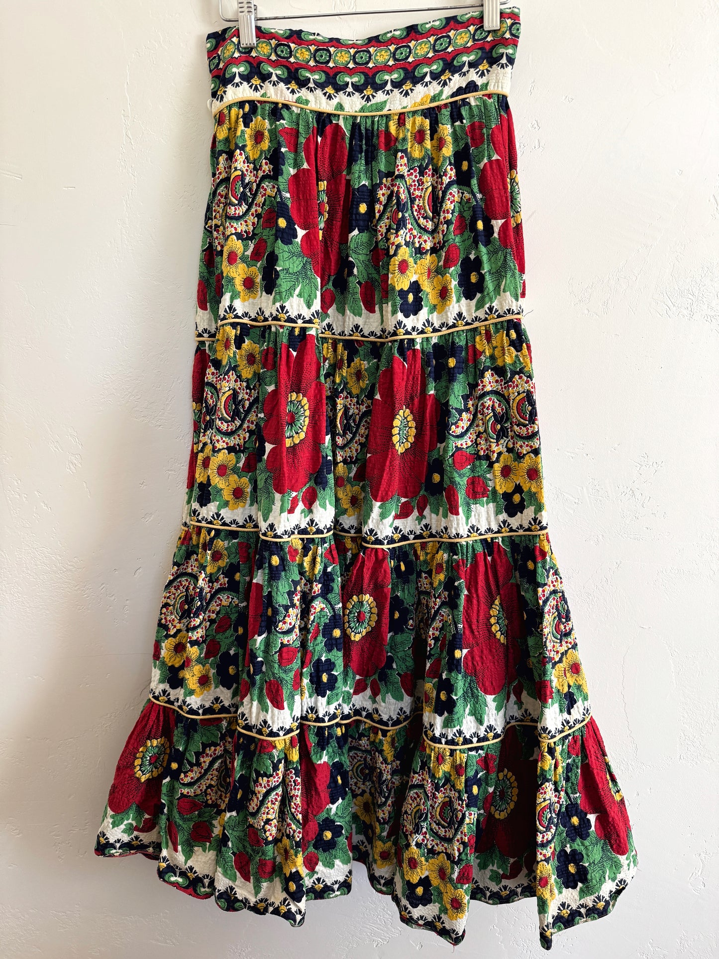 1940s Red + Navy Floral Seersucker Maxi Skirt- S/M