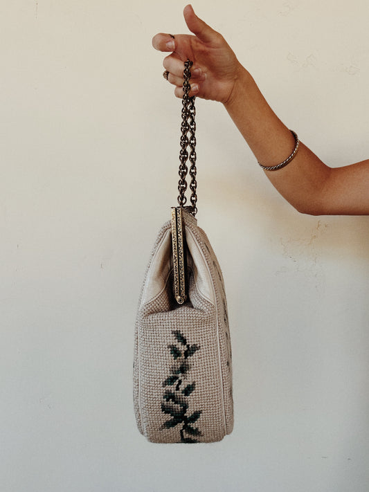 1960s Creme + Blue Green Large Needlepoint Handbag