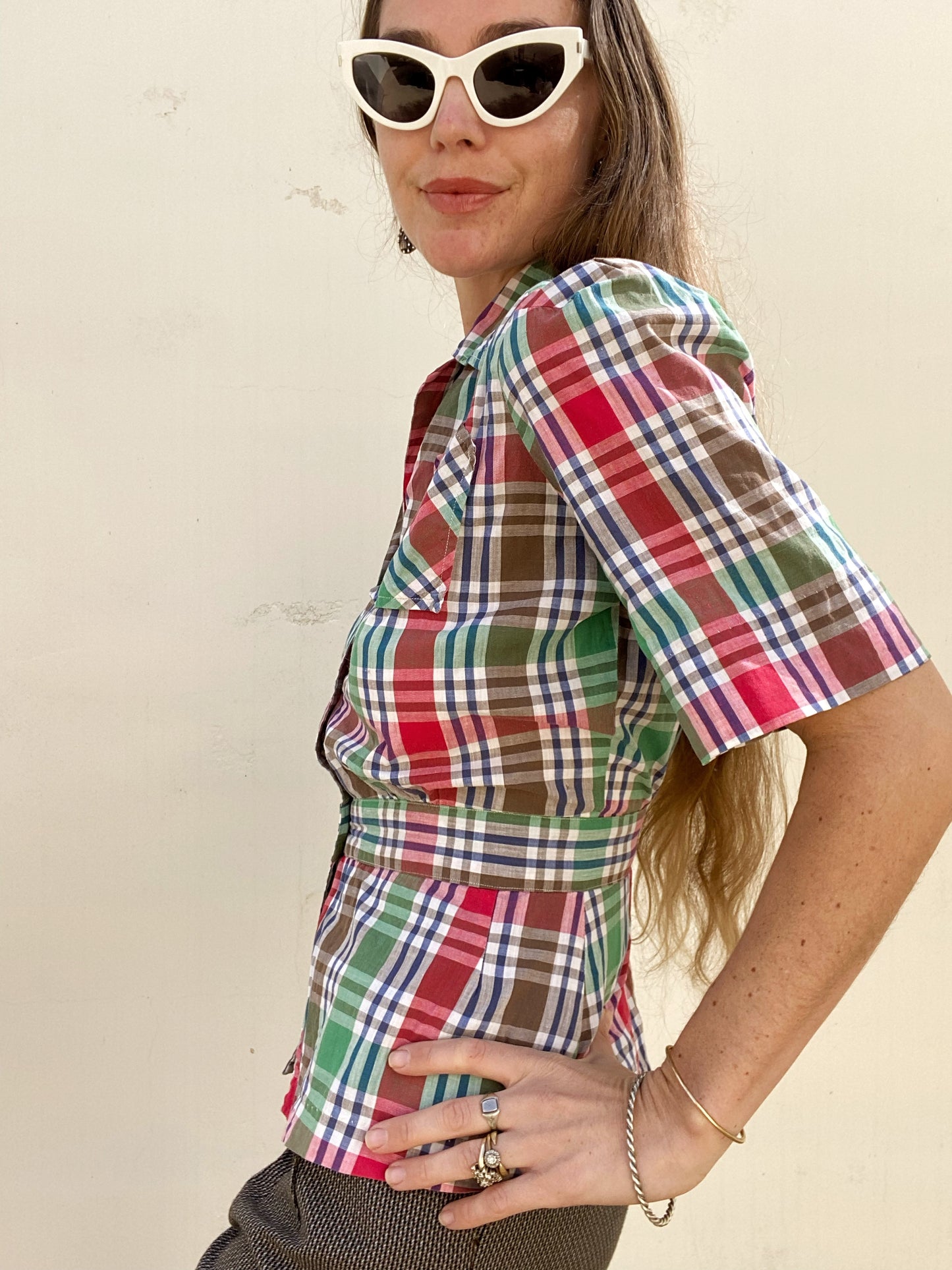 1940s Plaid Peplum Blouse w/ Puffed Shoulders- M/L