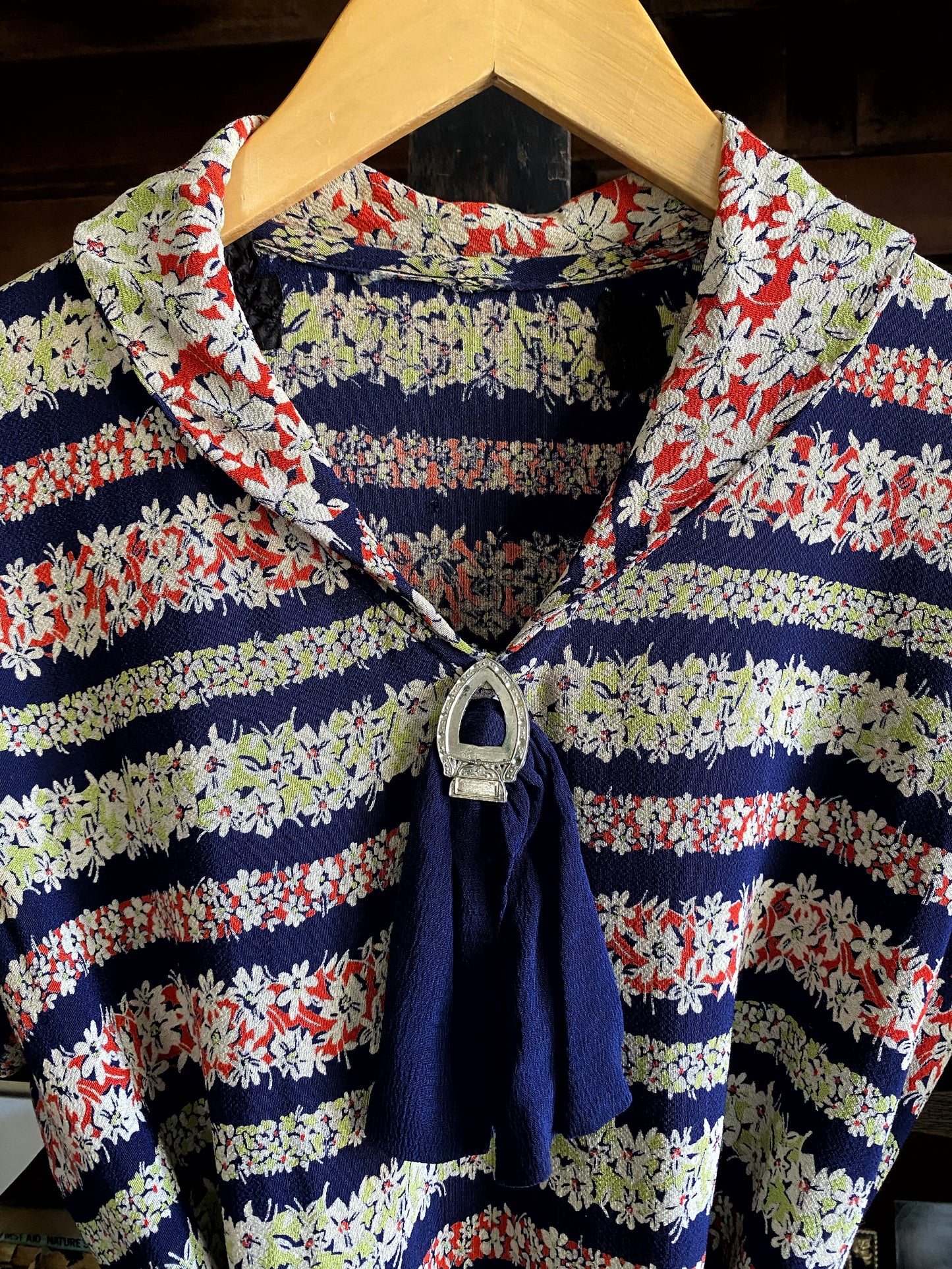 1930s Slinky Navy Floral Rayon Crepe Day Dress- S/M