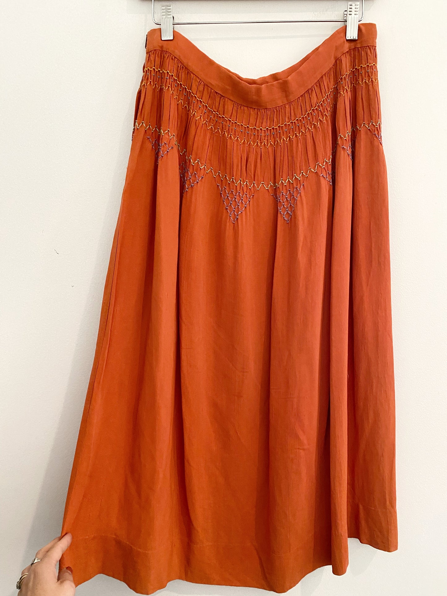 1940s Linen Smocked Orange Folk Skirt- 34” Waist